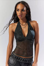Stylish Printed Mesh Halter Top