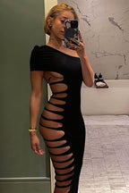 One Shoulder Sleeveless Side Cutout Bodycon Maxi Dress