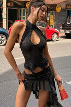 Cut Out Halter Backless Asymmetric Crop Top Skirt Sets