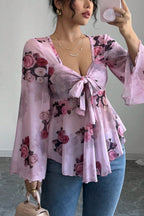 Floral Tie Dye Square Neck Long Sleeve Blouse