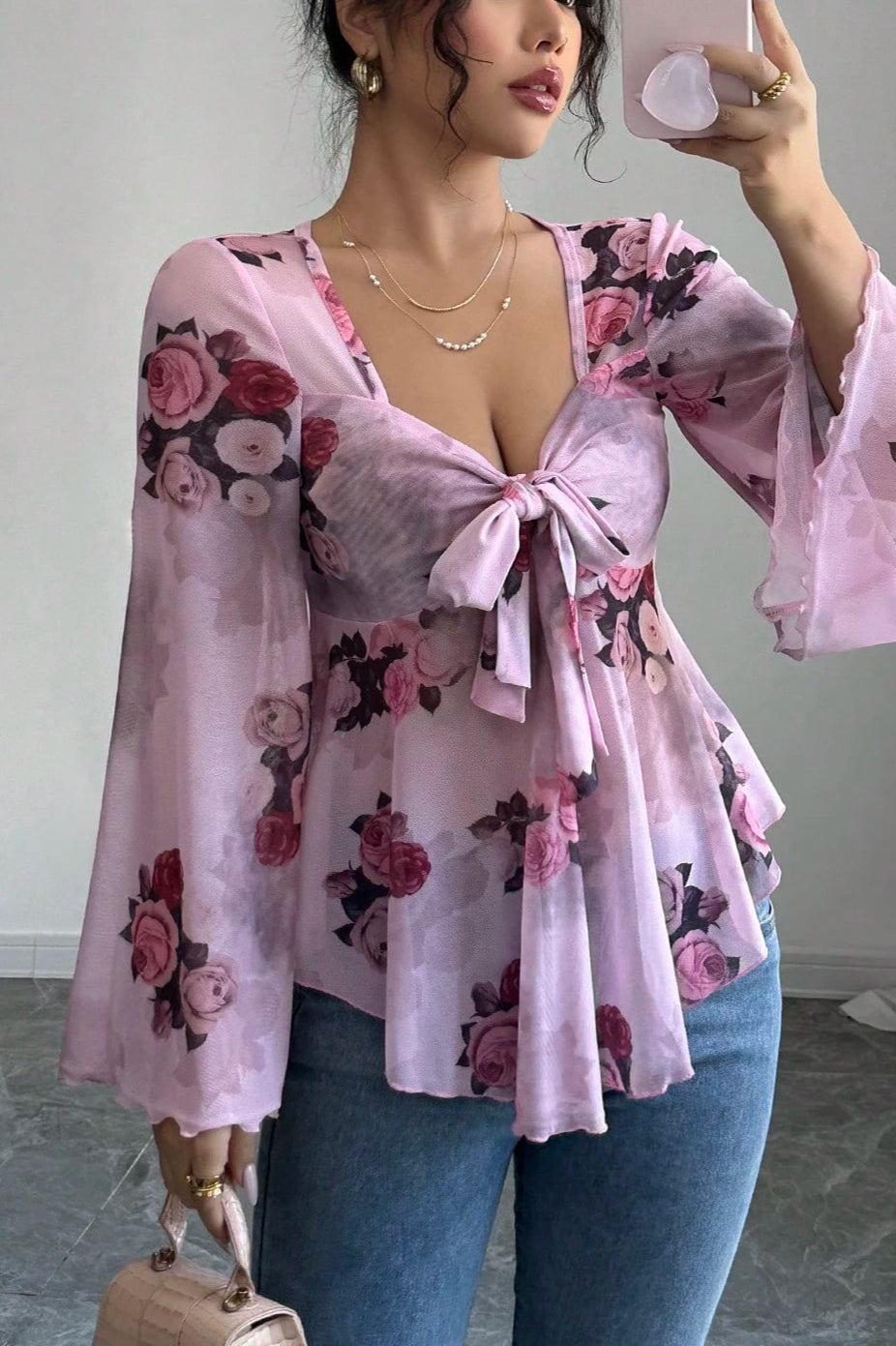 Floral Tie Dye Square Neck Long Sleeve Blouse