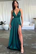 Satin V-Neck Waist-Cinching Split Dress Party