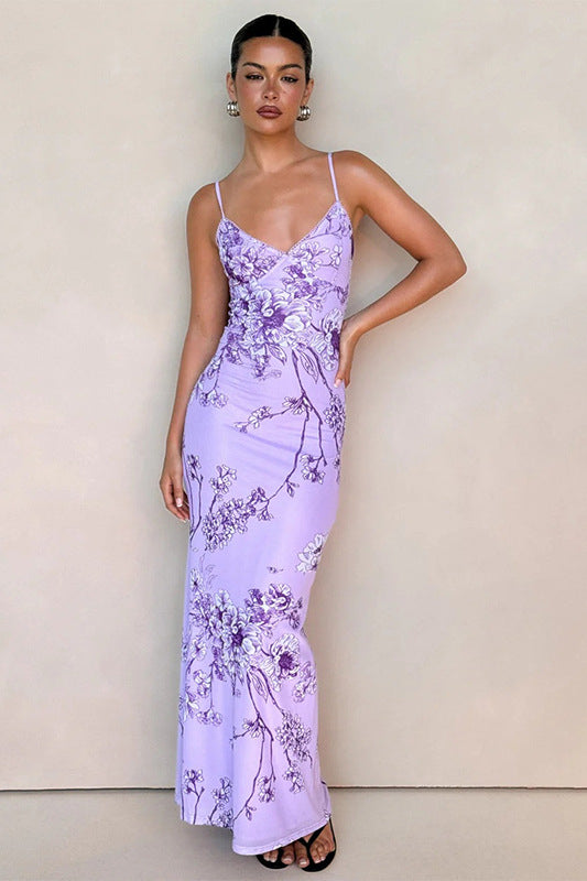 Elegant V-Neck Floral Purple Cami Bodycon Maxi Dress