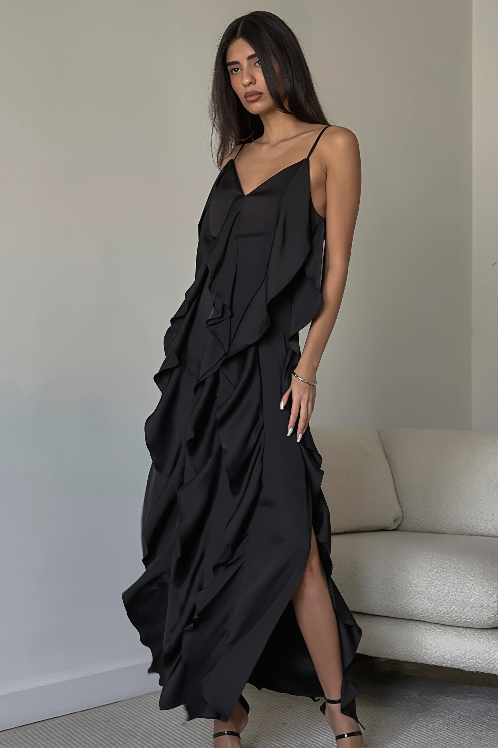 Ruffle Trim V Neck Cami Slip Maxi Dress