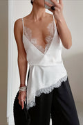 Satin V Neck Lace Slit Cami Top