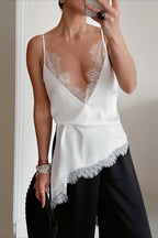 Satin V Neck Lace Slit Cami Top