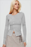 Buttoned Fitted Crew Neck Knit Sweater