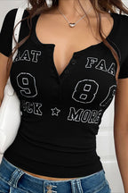 Letter Print V Neck Slim T-Shirt