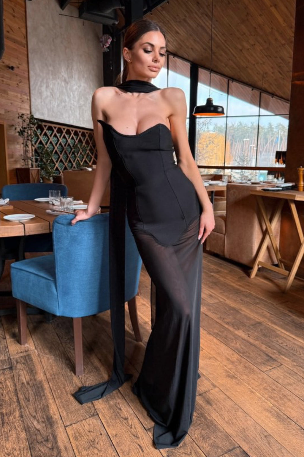 Draped Tie Mesh Patch Tube Prom Dress