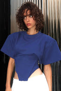 Solid Wide Shoulder Tie Waist Elbow Sleeve T-Shirt
