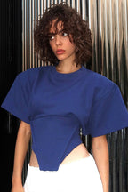 Solid Wide Shoulder Tie Waist Elbow Sleeve T-Shirt