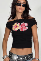 Off Shoulder Floral Print Crop T-Shirt