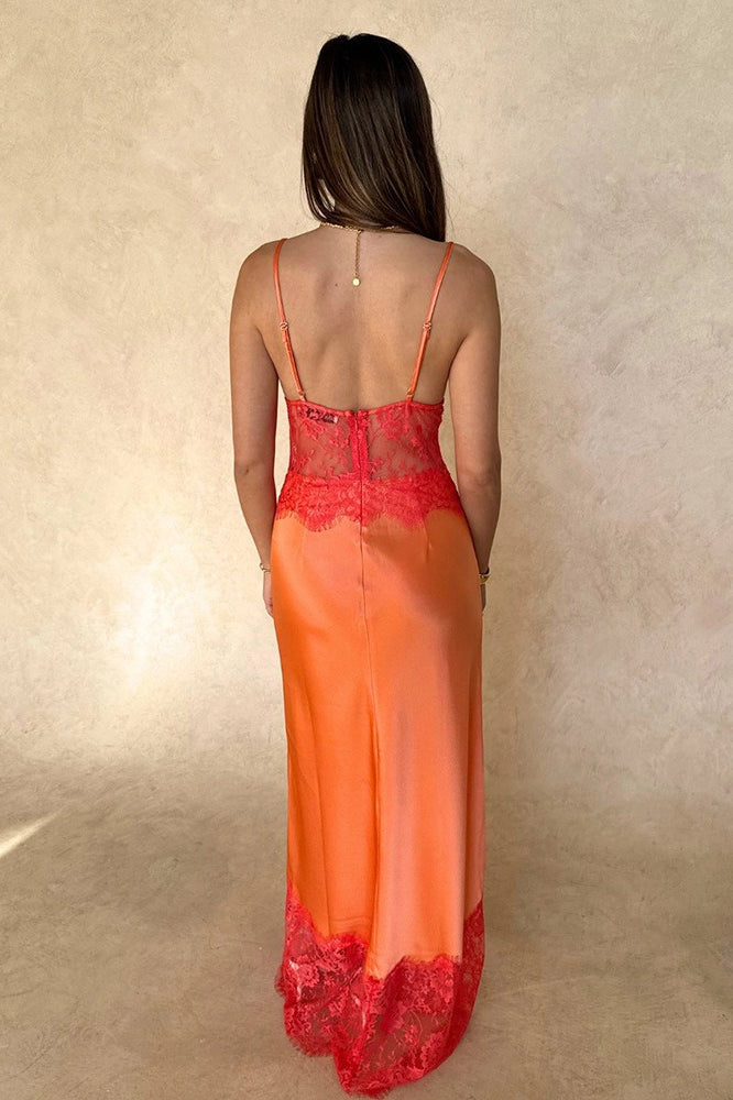 Elegant Deep V Sheer Lace Patchwork Maxi Dress