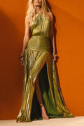 Metallic Pleated Halter Backless Tie Slit Maxi Dress