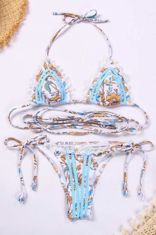 Webbing Contrast Lace Up Bikini Two Piece Sets