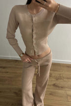 Fitted Buttoned Long-Sleeve Low-Rise Knit Two Piece Set