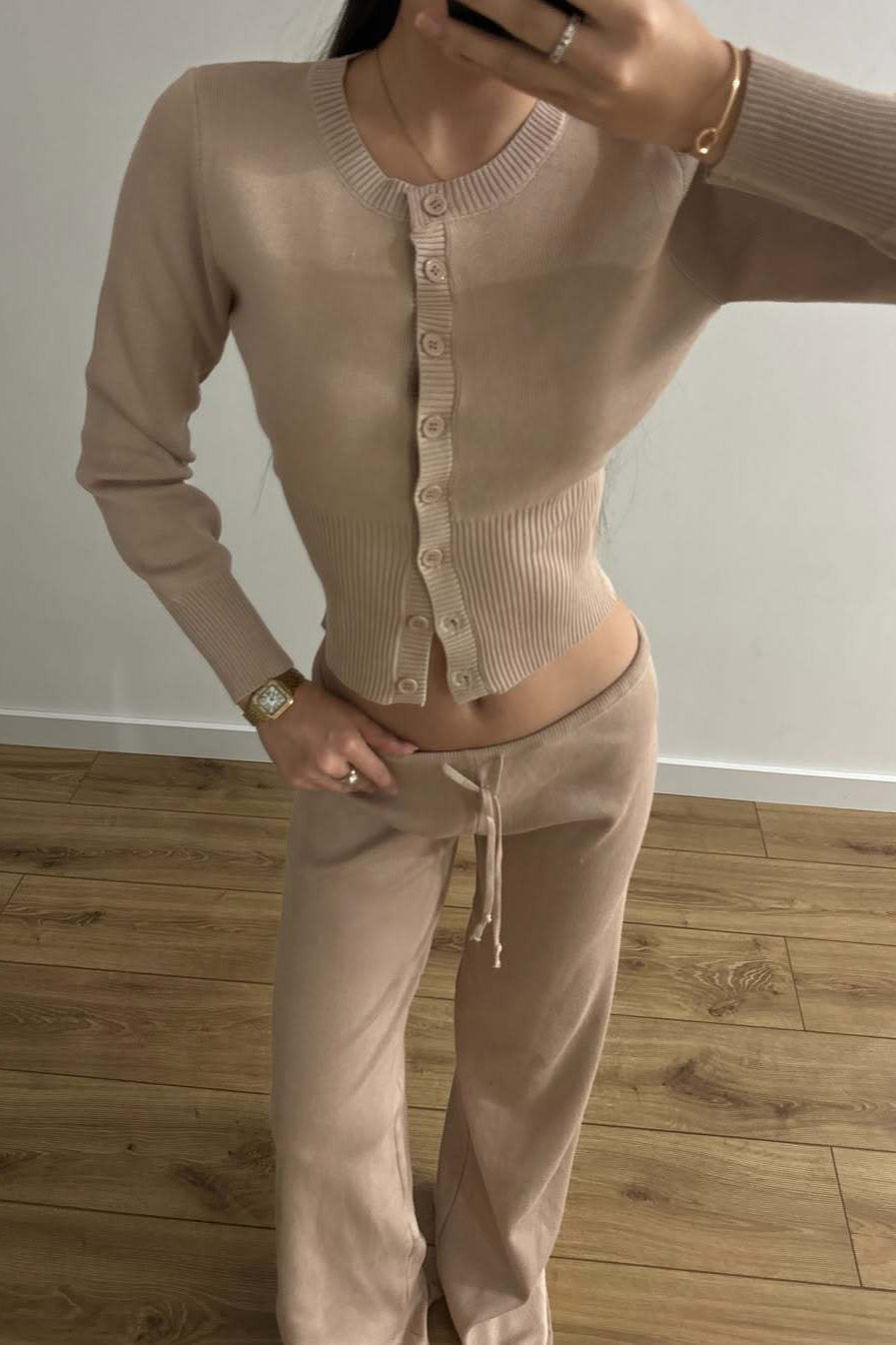 Fitted Buttoned Long-Sleeve Low-Rise Knit Two Piece Set