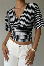 V Neck Striped Bat Sleeve T-Shirt