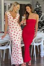 Bandeau Mesh Ruched Floral Print Maxi Dress