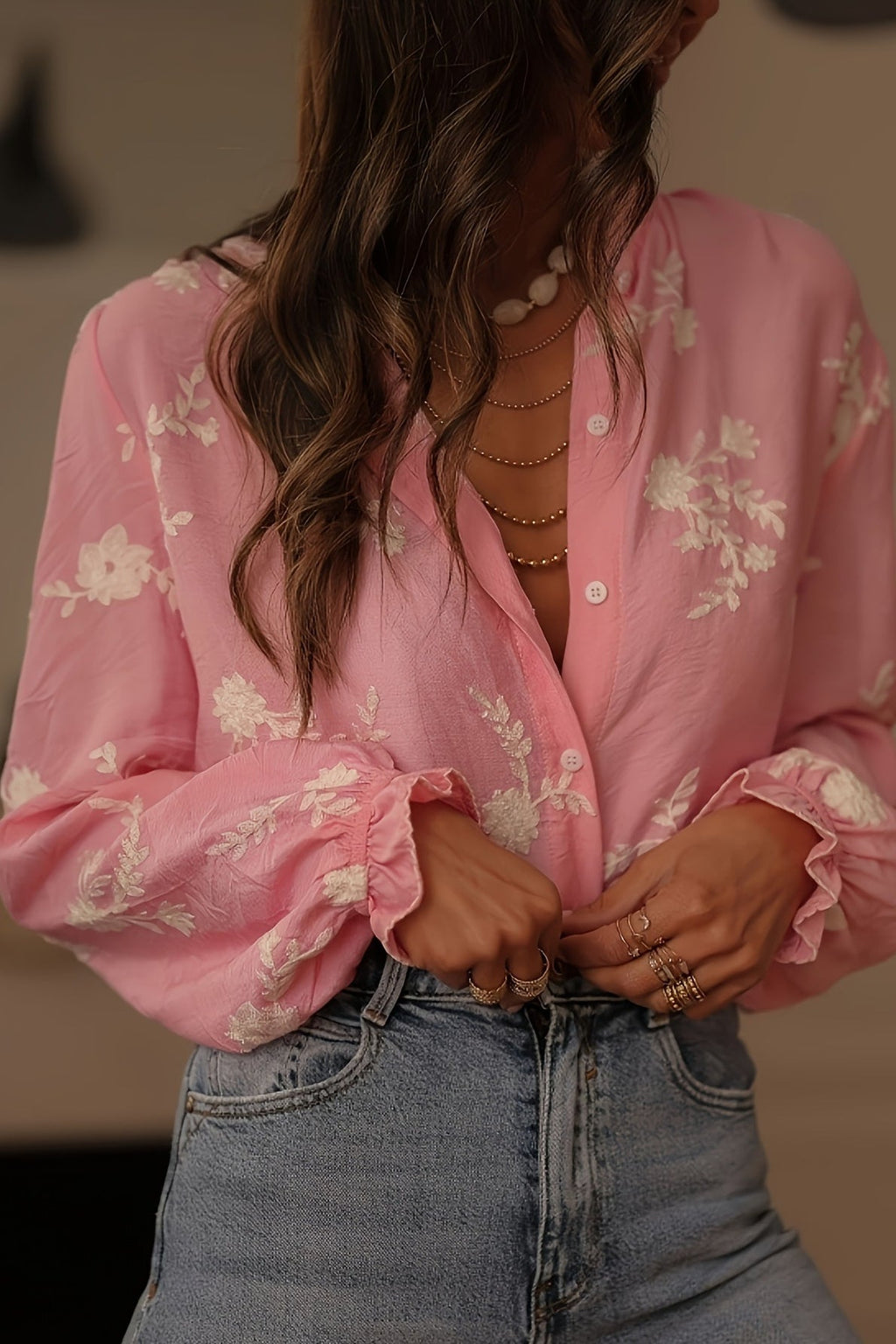 Long Sleeve Printed Lantern Blouse