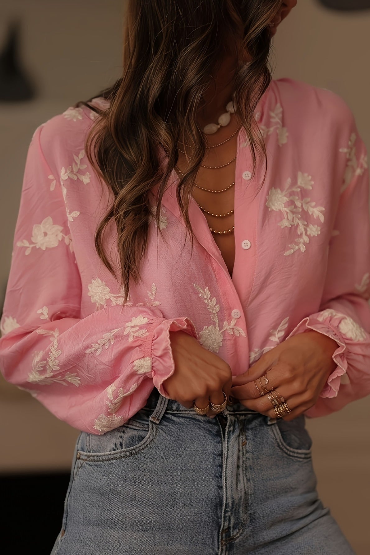 Long Sleeve Printed Lantern Blouse