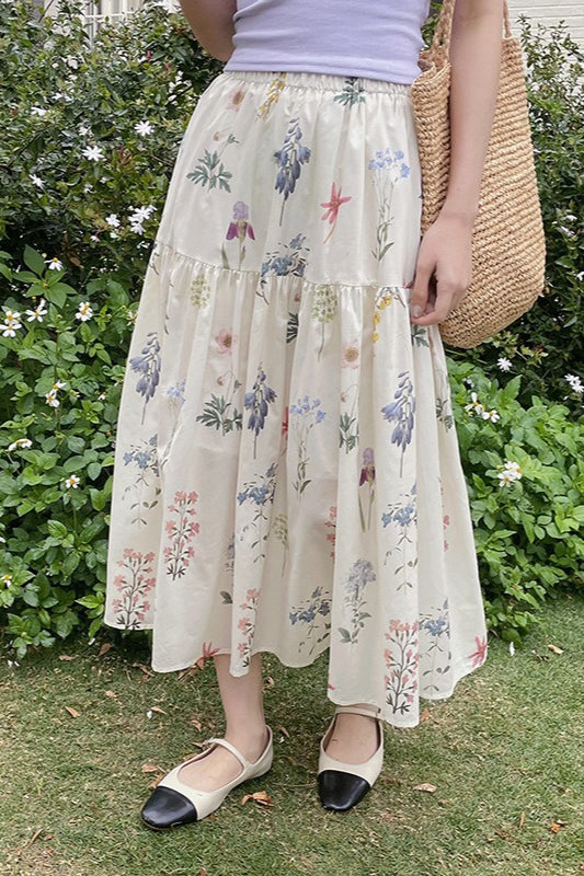 Vintage Floral Pleated A - Line Midi Skirt