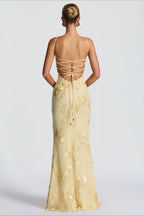 3D Applique Bone Pad Tie Back Solid Prom Dress