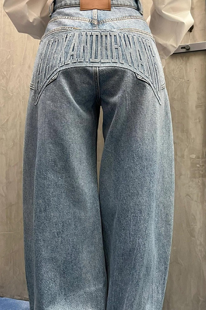 Loose Floor Length Curved Leg Washed Letter Embossed Jeans