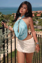 Solid Draped Shell Button Halter Top