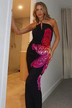 Halter V-Neck Floral Print High Slit Bodycon Maxi Dress