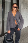 V-Neck Tie Front Knit Cardigan Sweater
