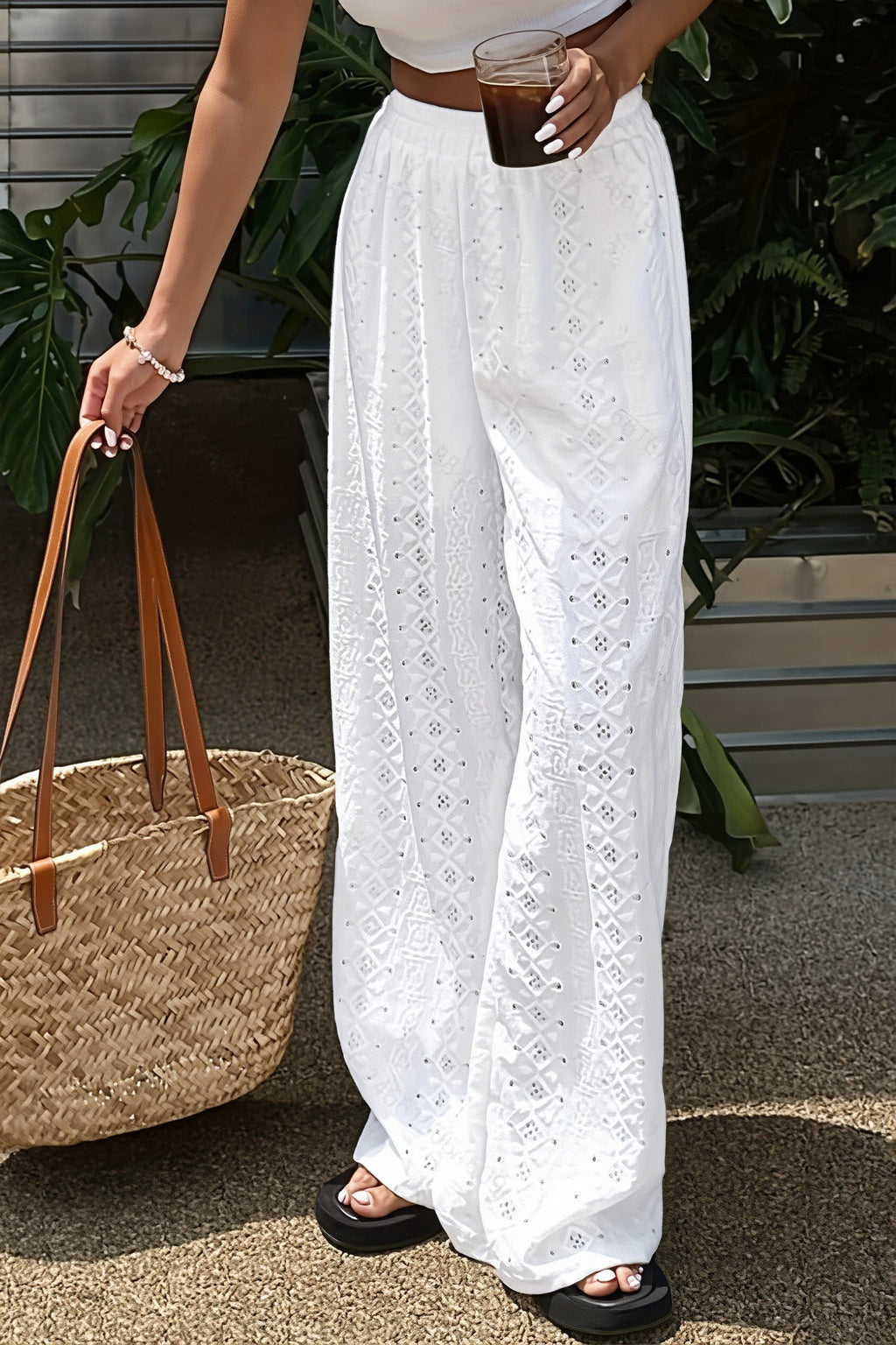 Solid Sheer Embroidery Drawstring Pants