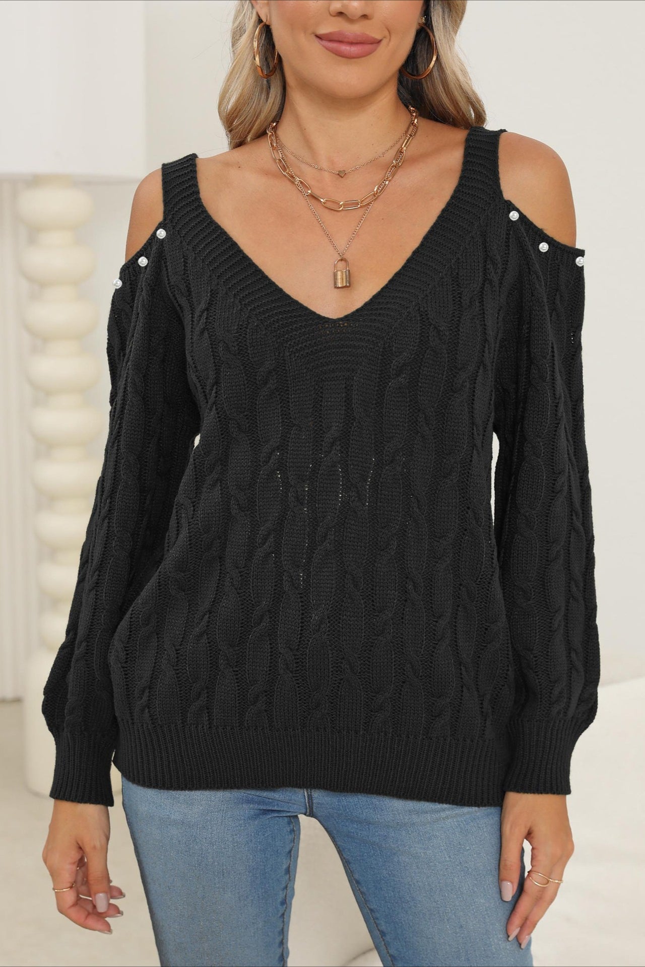 Deep V Off-Shoulder Loose Pullover Sweater