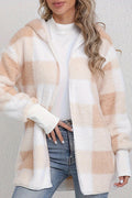 Plaid Fuzzy Hooded Mid-Length Coat