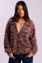 Retro Deep V-Neck Maillard Plush Long-Sleeve Knit Cardigan
