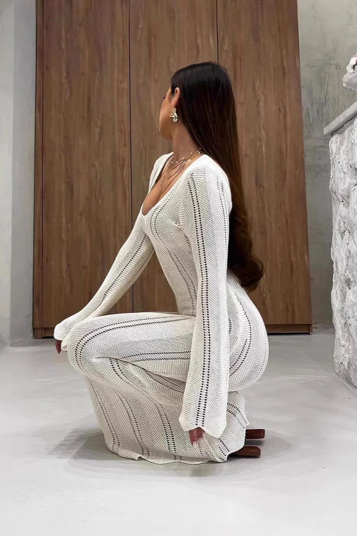 V-Neck Knitted Dress With Flared Sleeves & Hollow Hip-Wrap Maxi