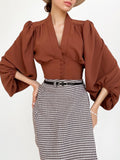 Vintage Lantern Sleeve V-Neck Slim Fit Blouse