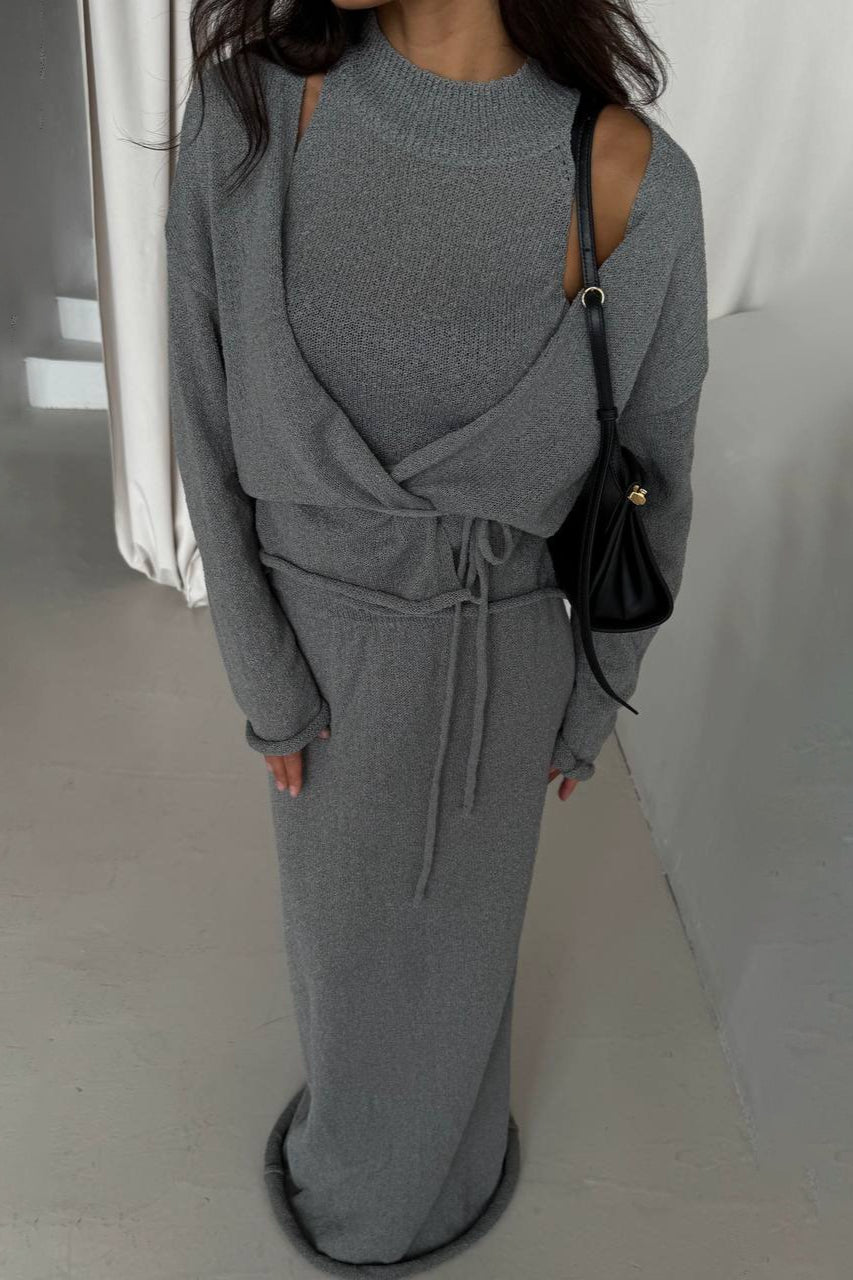 Knit Vest & Bodycon Skirt With Belt Three Piece Set