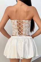 Sheer Lace Insert Boned Corset Crop Top Blouse