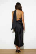 Satin Slit Hem Backless Midi Dress