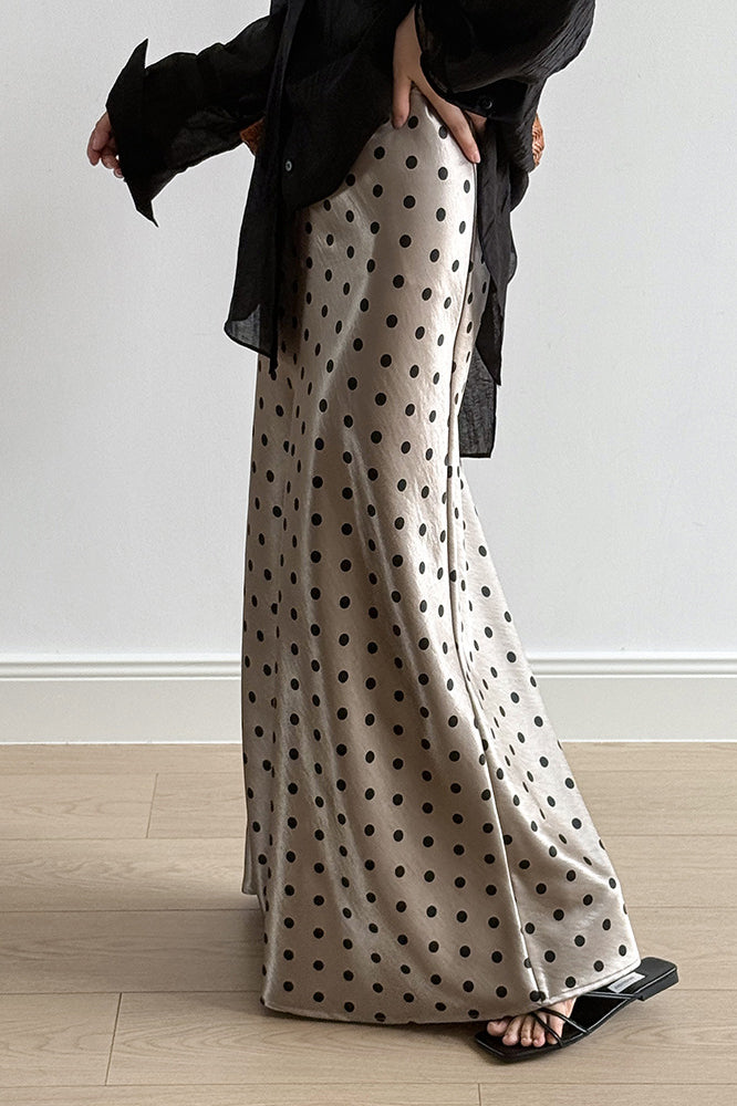 Vintage Polka Dot Satin High Waist A-Line Midi Skirt