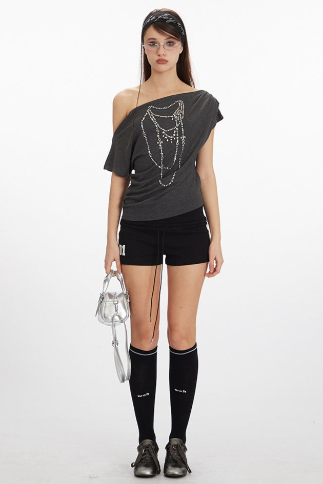 Asym Neck Beaded Cropped T‑Shirt