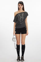 Asym Neck Beaded Cropped T‑Shirt