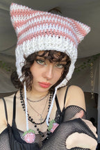 Fox Ears Color Block Striped Pom Knitted Hat