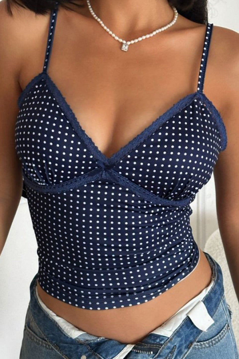 Polka Dot Color Block Lace Cami Top