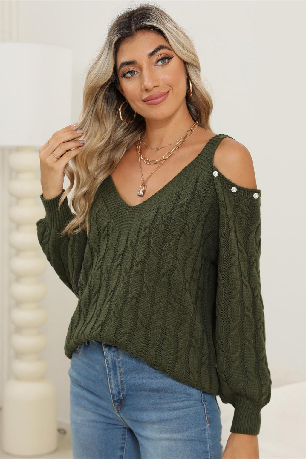 Deep V Off-Shoulder Loose Pullover Sweater