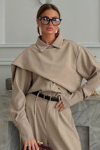 Vintage Lapel Scarf Top & Wide Leg Pants Two Piece Set