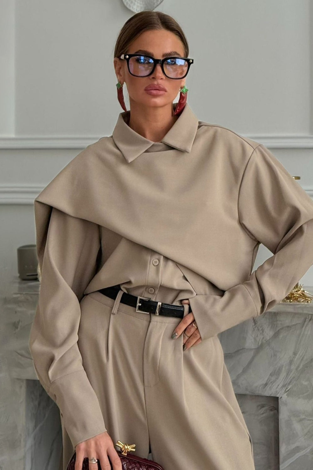Vintage Lapel Scarf Top & Wide Leg Pants Two Piece Set