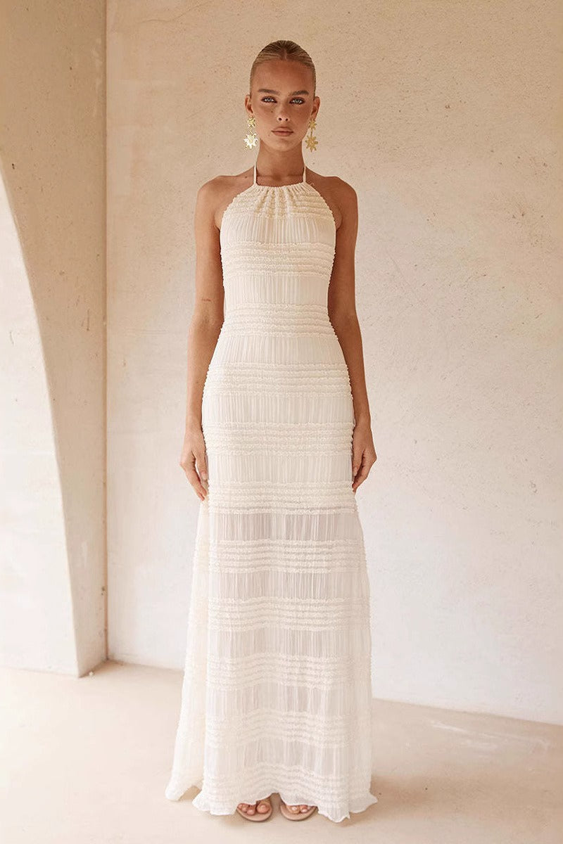 Solid Chiffon Ruched Waist Tie Maxi Dress