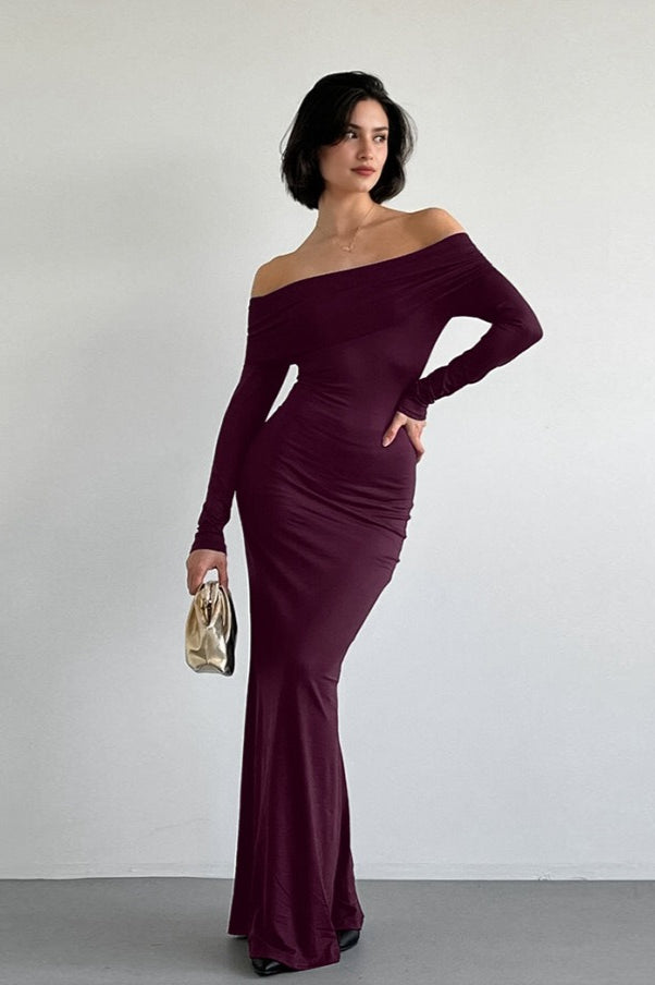 Vintage Solid Off-The-Shoulder Bodycon Maxi Dress